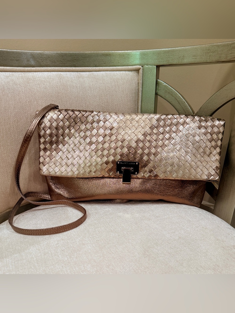Elliott Lucca Leather Metallic Woven Purse Convertible Clutch Crossbody Bag